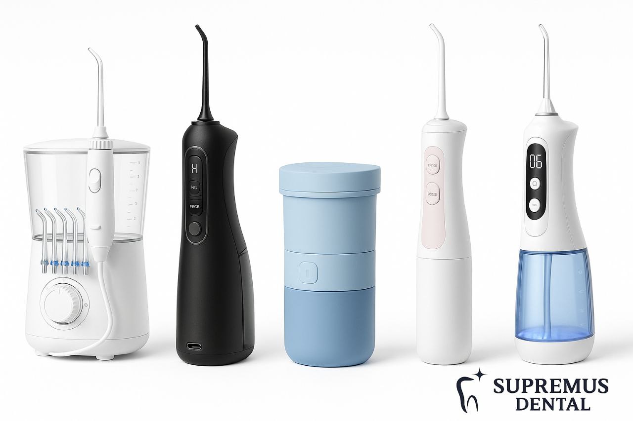 Irrigadores dentales sobre encimera de baño