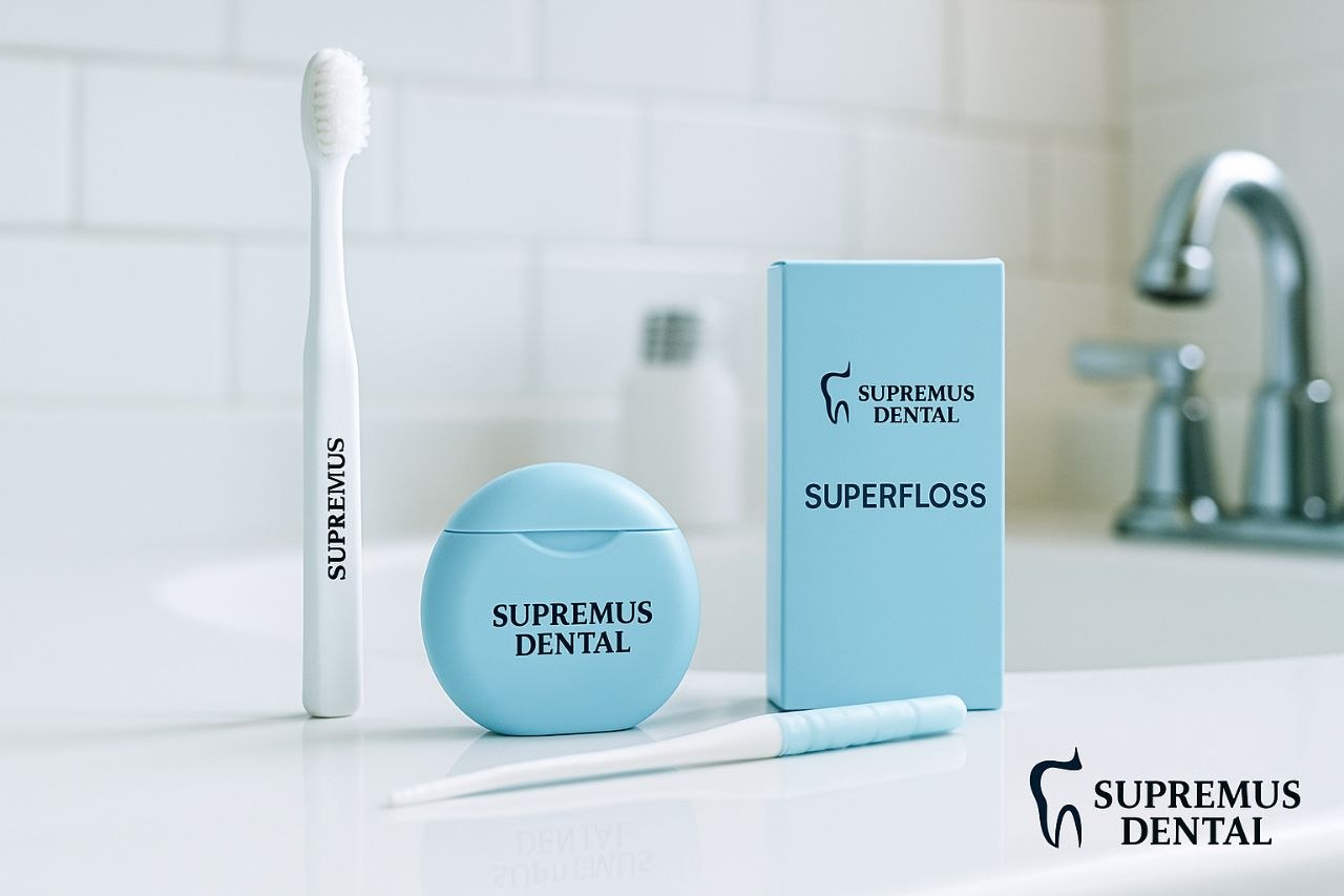 Seda dental y cepillos interdentales sobre fondo blanco