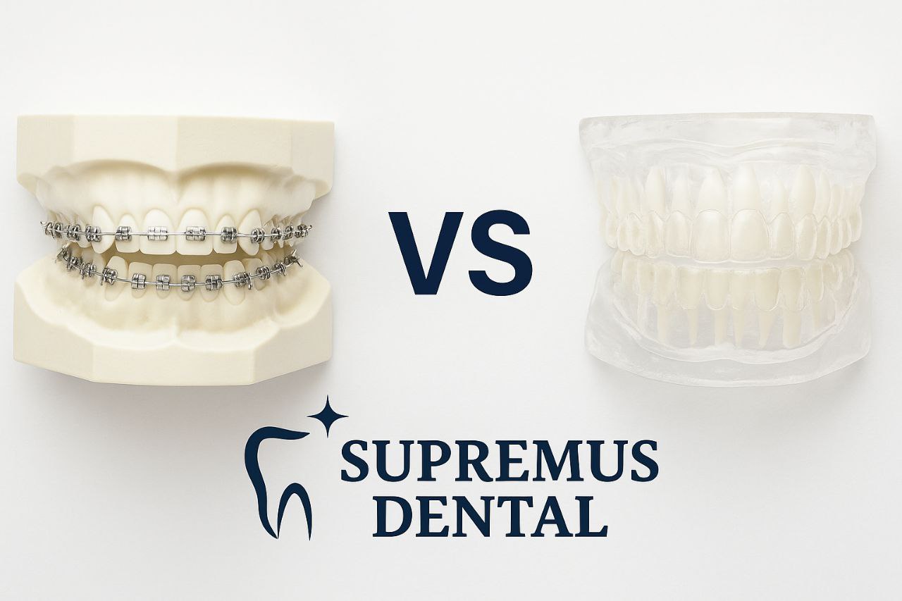 Brackets metálicos y alineadores transparentes sobre fondo azul