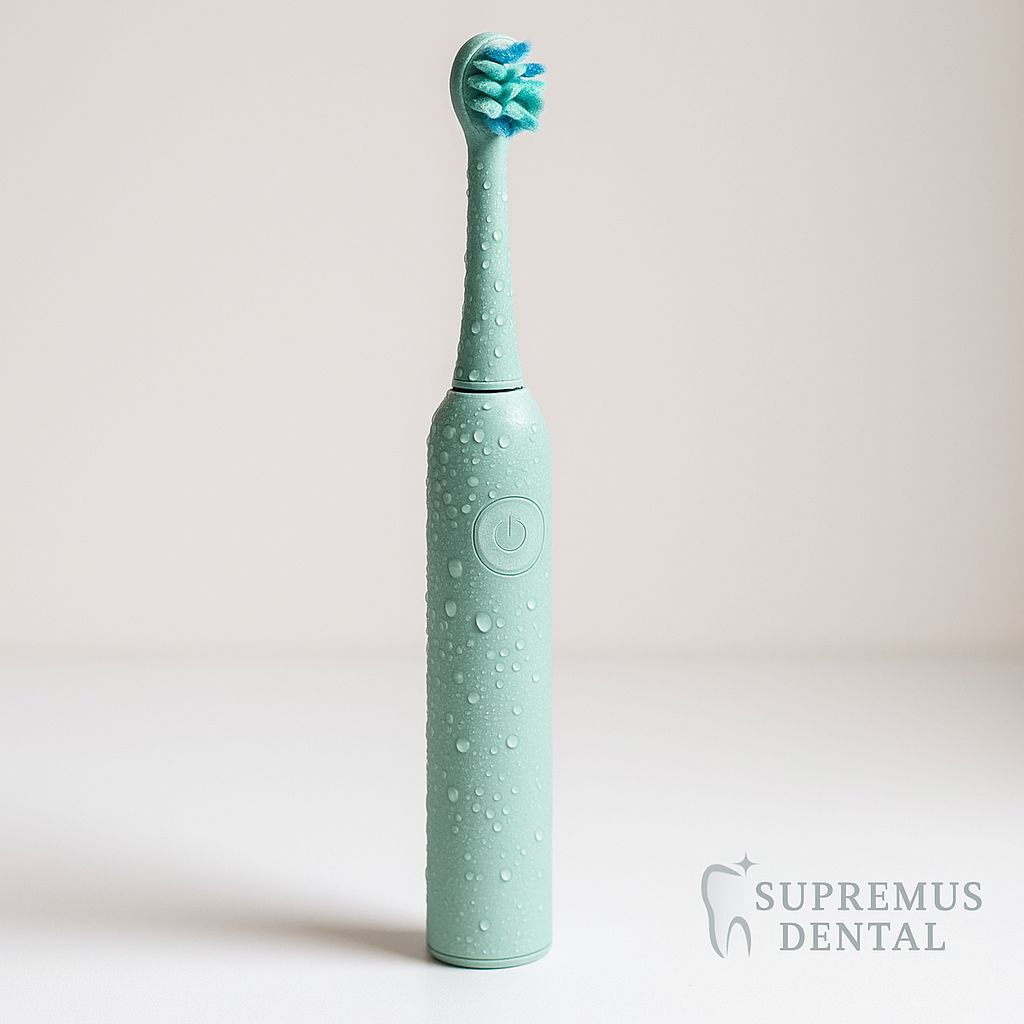 Persona usando cepillo eléctrico frente al espejo