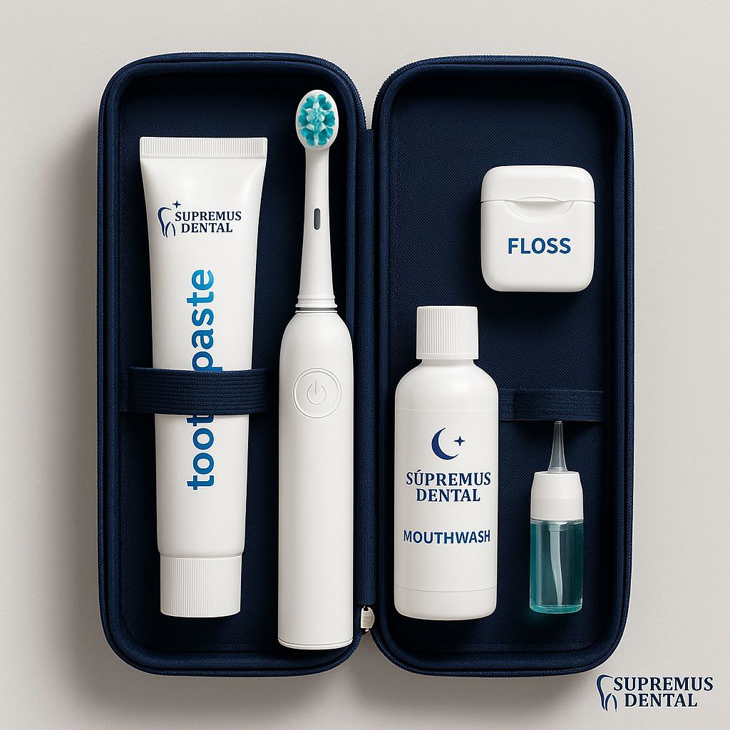 Cepillo dental y pasta en entorno blanco